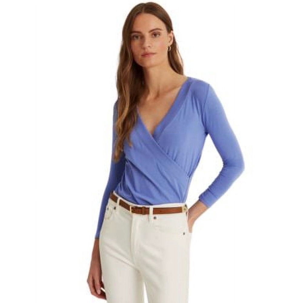 Lauren Ralph Lauren Faux Wrap Surplice 3/4 Sleeve Purple Periwinkle Shirt Size L